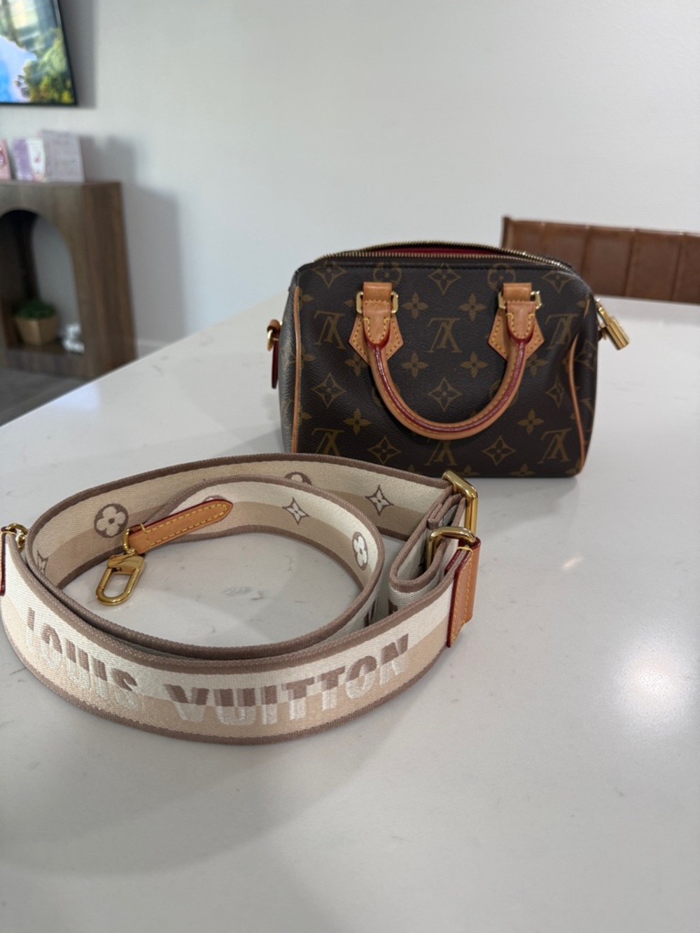 Louis Vuitton Brown Monogram Mini Bag with Beige Logo Strap